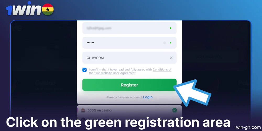 Cick on the green registration area on 1win