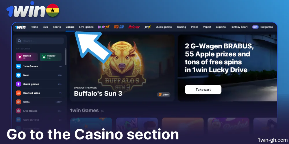 Go to the Casino section on 1win