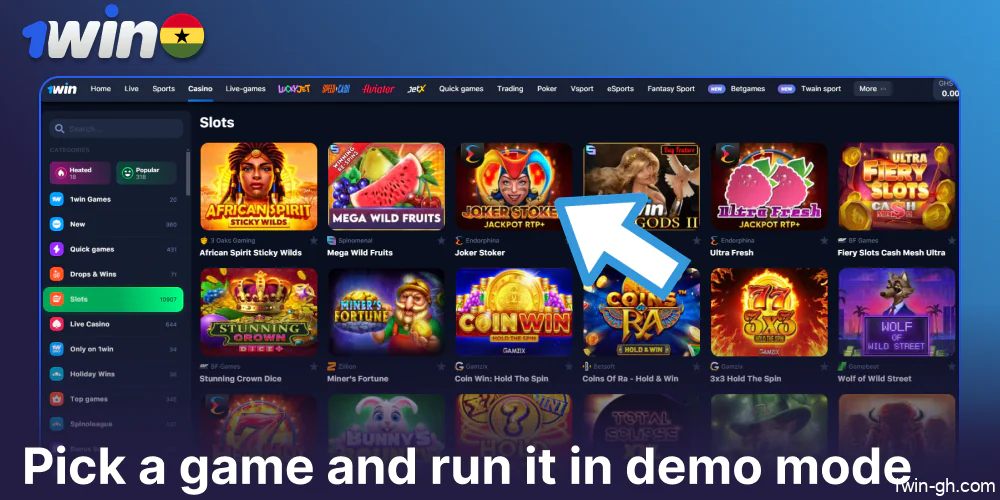 Pick a game on 1win and run it in demo mode