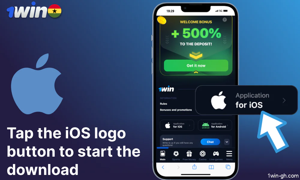 Tap the iOS logo button to start the 1win app download