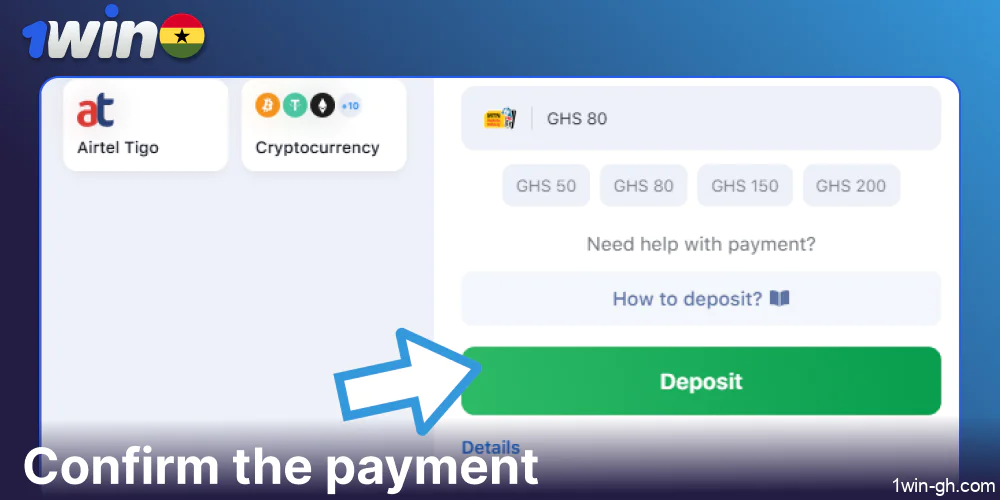Confirm the payment on 1win