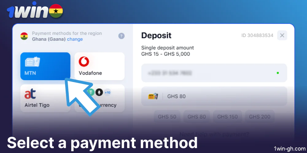 Select a payment method on 1win